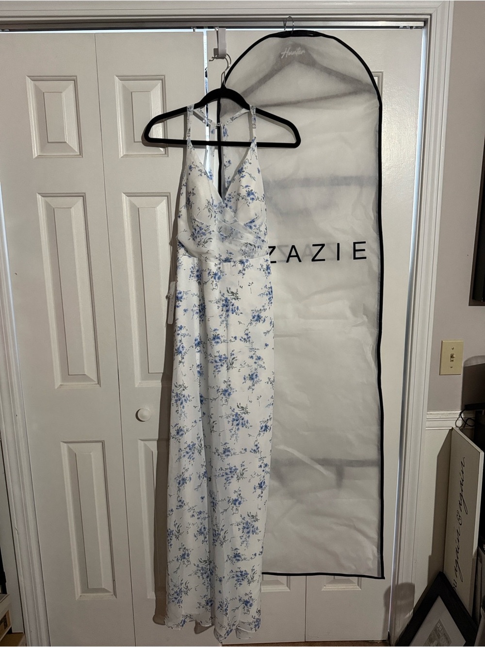 Azazie White and Blue Floral Maxi Dress - V-Neck Wrap Bodice